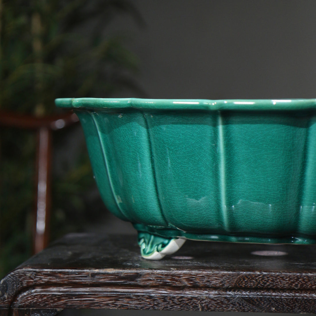 15.3 inch (39cm) Large Lotus-Shaped Green Glaze Bonsai Pot Close Shot