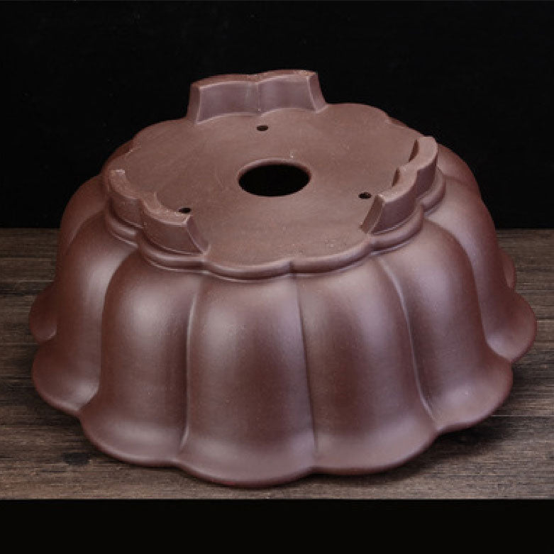 15.3 inch (39cm) Large Lotus-Shaped/Scalloped Round Unglazed Bonsai Pot Bottom View
