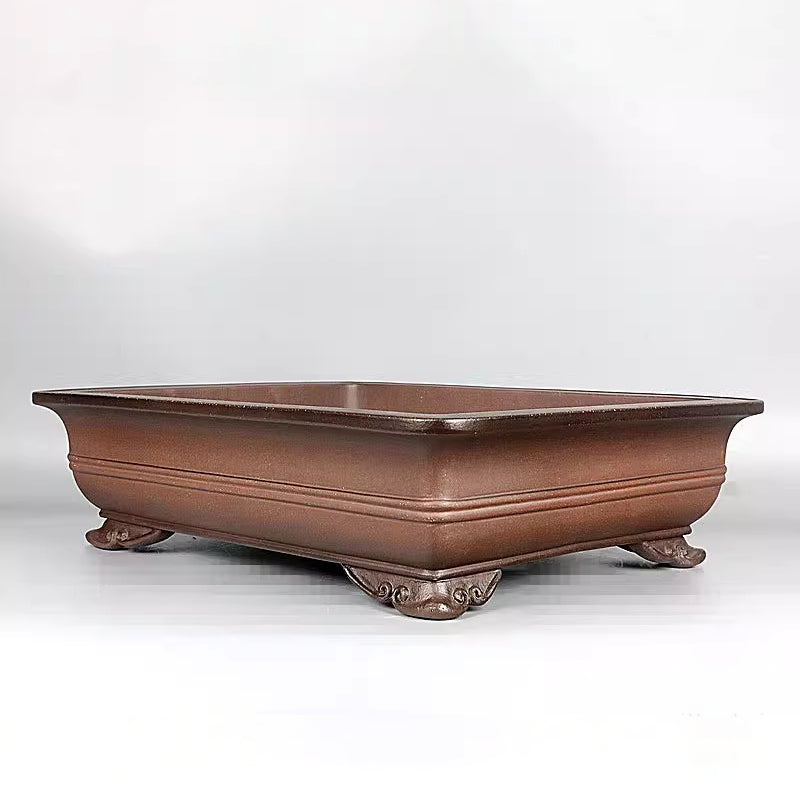 15.3 inch (39cm) Large Rectangular Classic Unglazed Bonsai Pot w Raised Feet & Lines Corner View