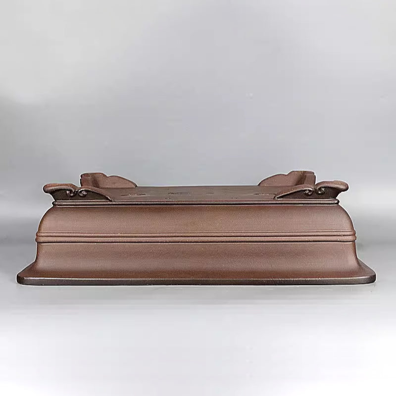 15.3 inch (39cm) Large Rectangular Classic Unglazed Bonsai Pot w Raised Feet & Lines Upside Down View