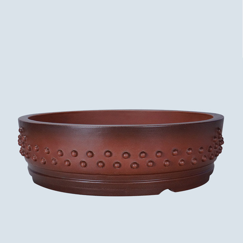 15.3 inch (39cm) Large Round Studded Reddish Brown Gradient Unglazed Drum Bonsai Pot