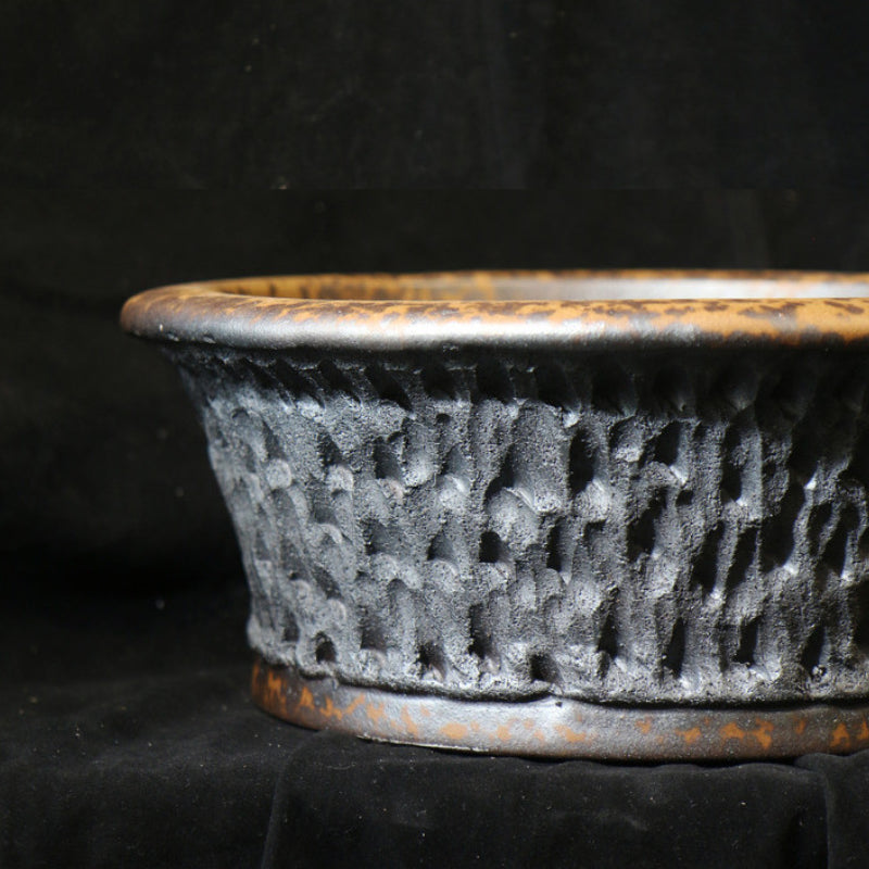 15.3 inch (39cm) Wide 5 inch (14cm) Deep Round Bonsai Pot w Rough Eroded Stone Like Texture Close Shot