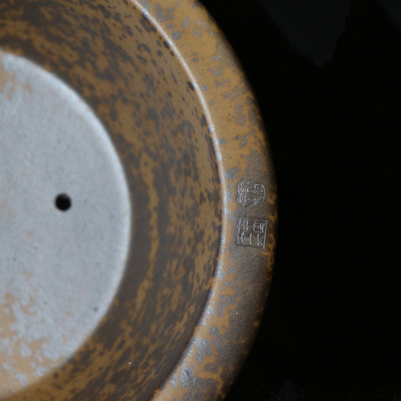 15.3 inch (39cm) Wide 5 inch (14cm) Deep Round Bonsai Pot w Rough Eroded Stone Like Texture Rim Close Shot