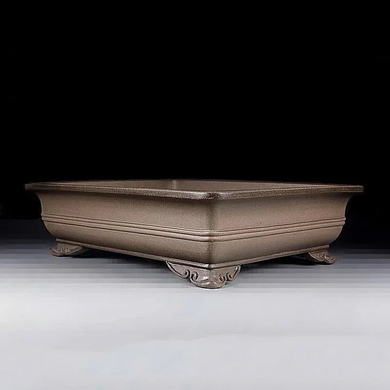 15.5 inch (39.5cm) Large Rectangular Ornate Feet Bonsai Pot w Double-Line Detailing Corner View