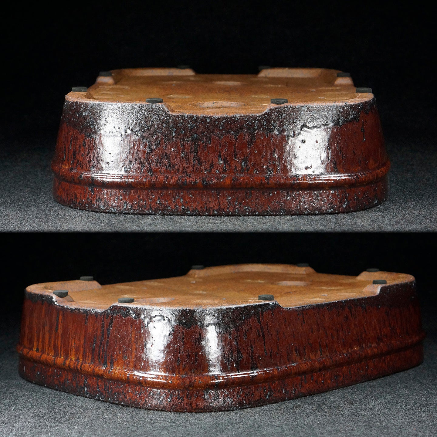15.6 Inch (39.8cm) Large Rectangular Red-Black Multi-Tone Glazed Bonsai Pot  Upside Down View