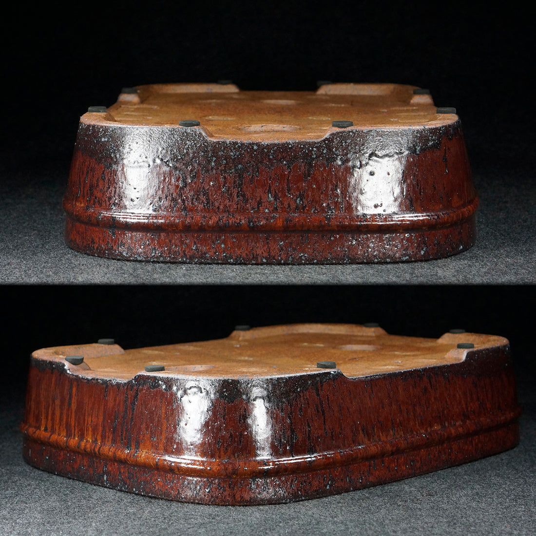 15.6 Inch (39.8cm) Large Rectangular Red-Black Multi-Tone Glazed Bonsai Pot  Upside Down View