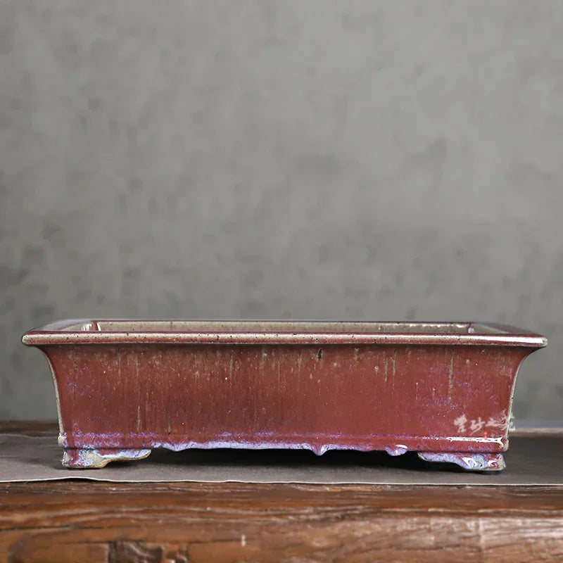 15.6 inch (39.6cm) Large Rectangle Glazed Bonsai Pot w Purplish-Red Flowing Accents