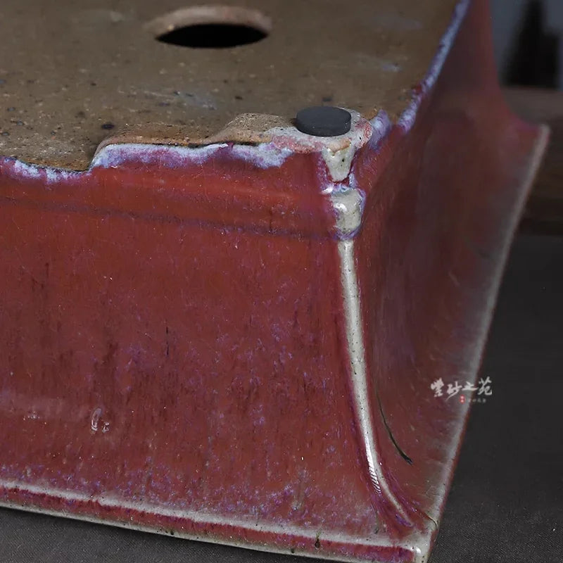 15.6 inch (39.6cm) Large Rectangle Glazed Bonsai Pot w Purplish-Red Flowing Accents Bottom View