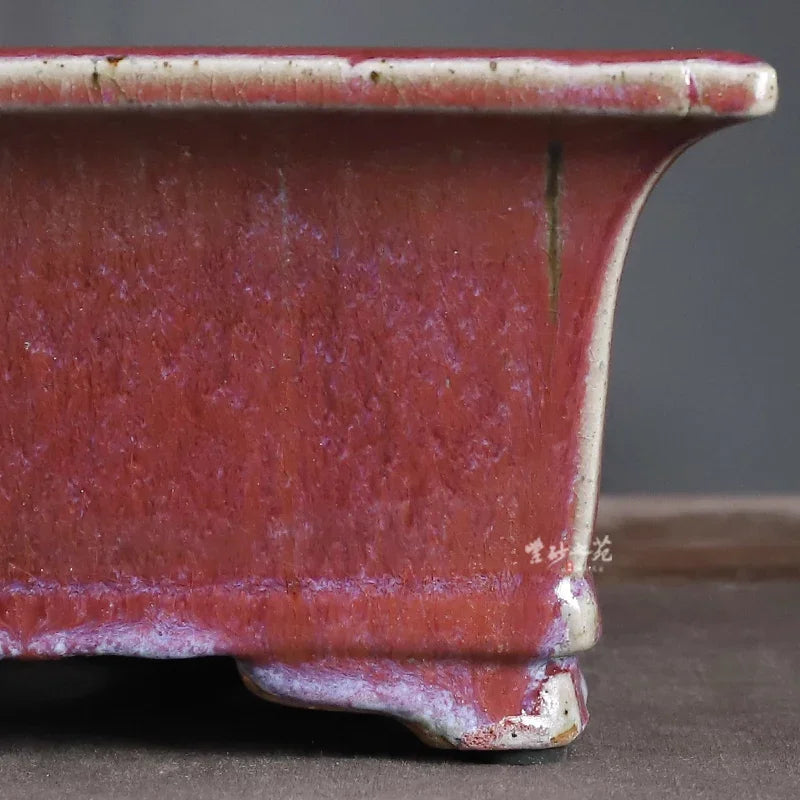 15.6 inch (39.6cm) Large Rectangle Glazed Bonsai Pot w Purplish-Red Flowing Accents Close Shot