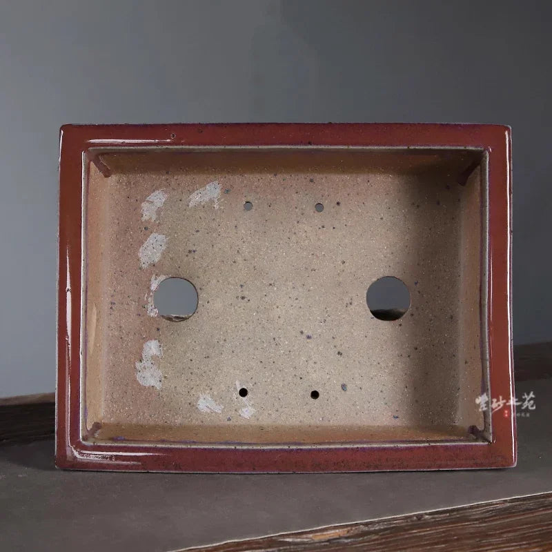 15.6 inch (39.6cm) Large Rectangle Glazed Bonsai Pot w Purplish-Red Flowing Accents Inner View
