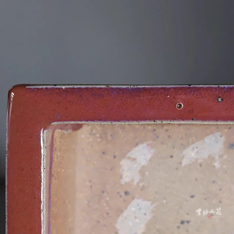 15.6 inch (39.6cm) Large Rectangle Glazed Bonsai Pot w Purplish-Red Flowing Accents Rim Close Shot