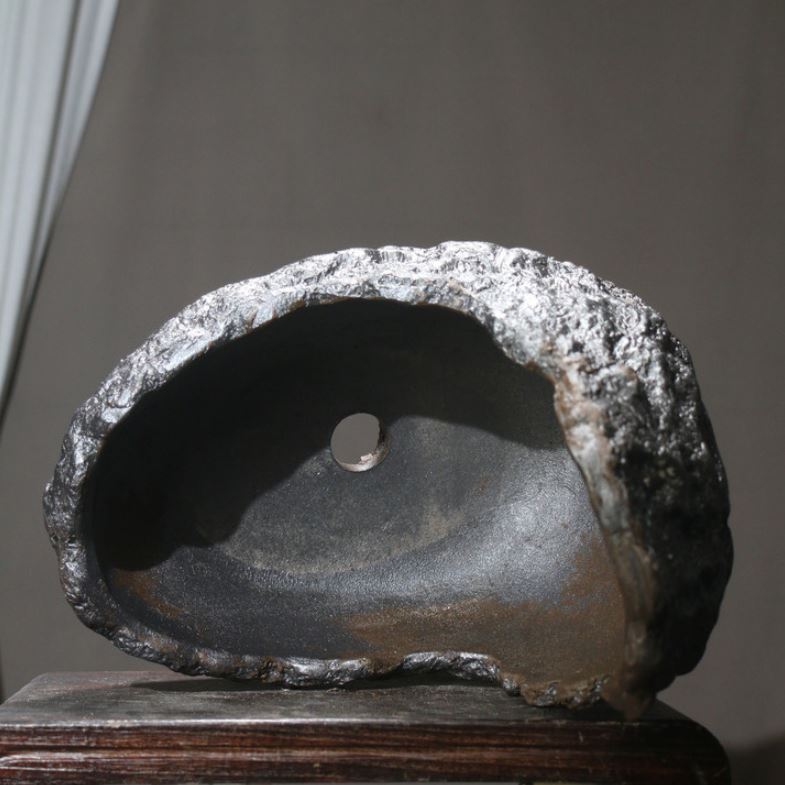 15.7" (40cm) Large Handcrafted Rugged Rock-Like Crescent Bonsai Pot Inner View