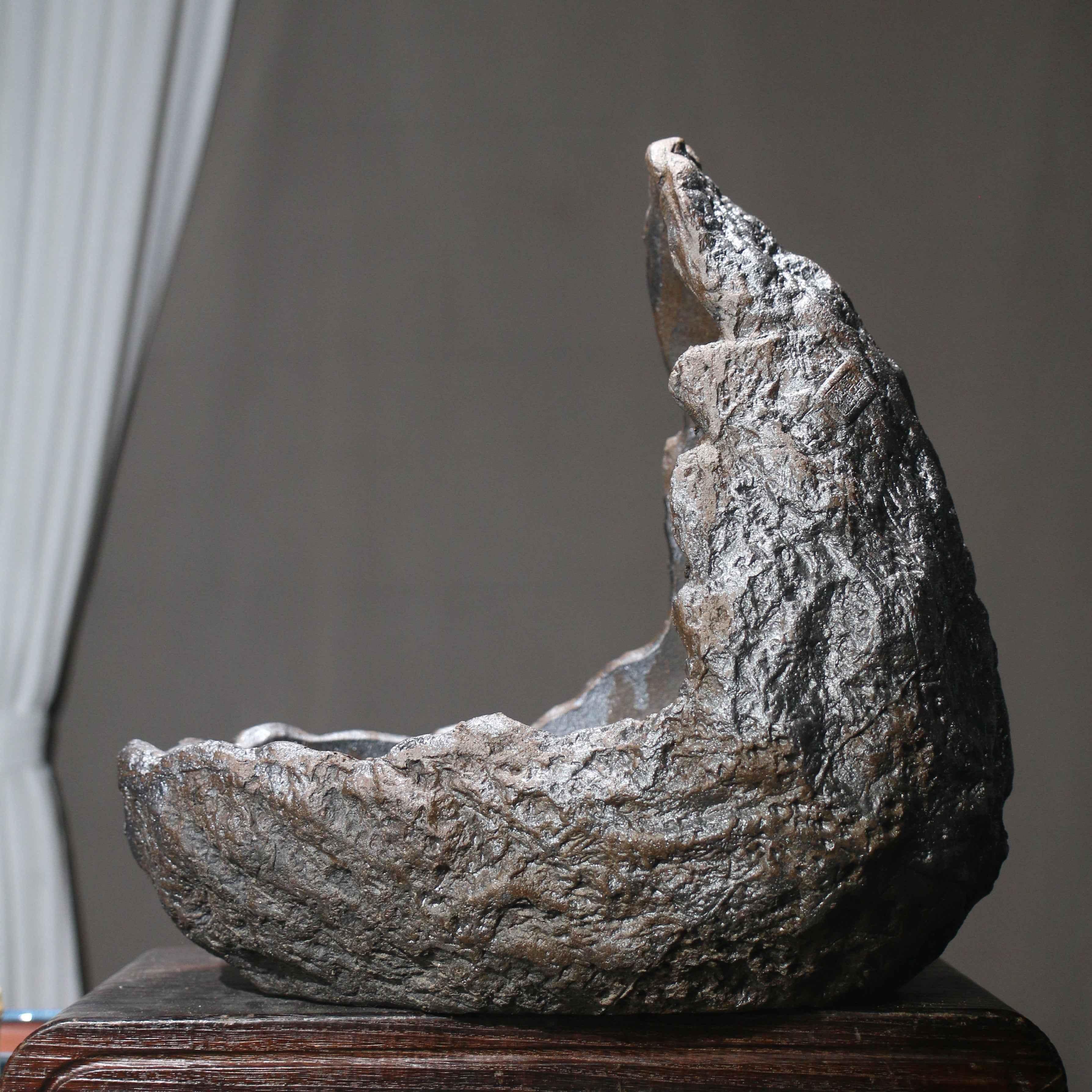 15.7" (40cm) Large Handcrafted Rugged Rock-Like Crescent Bonsai Pot