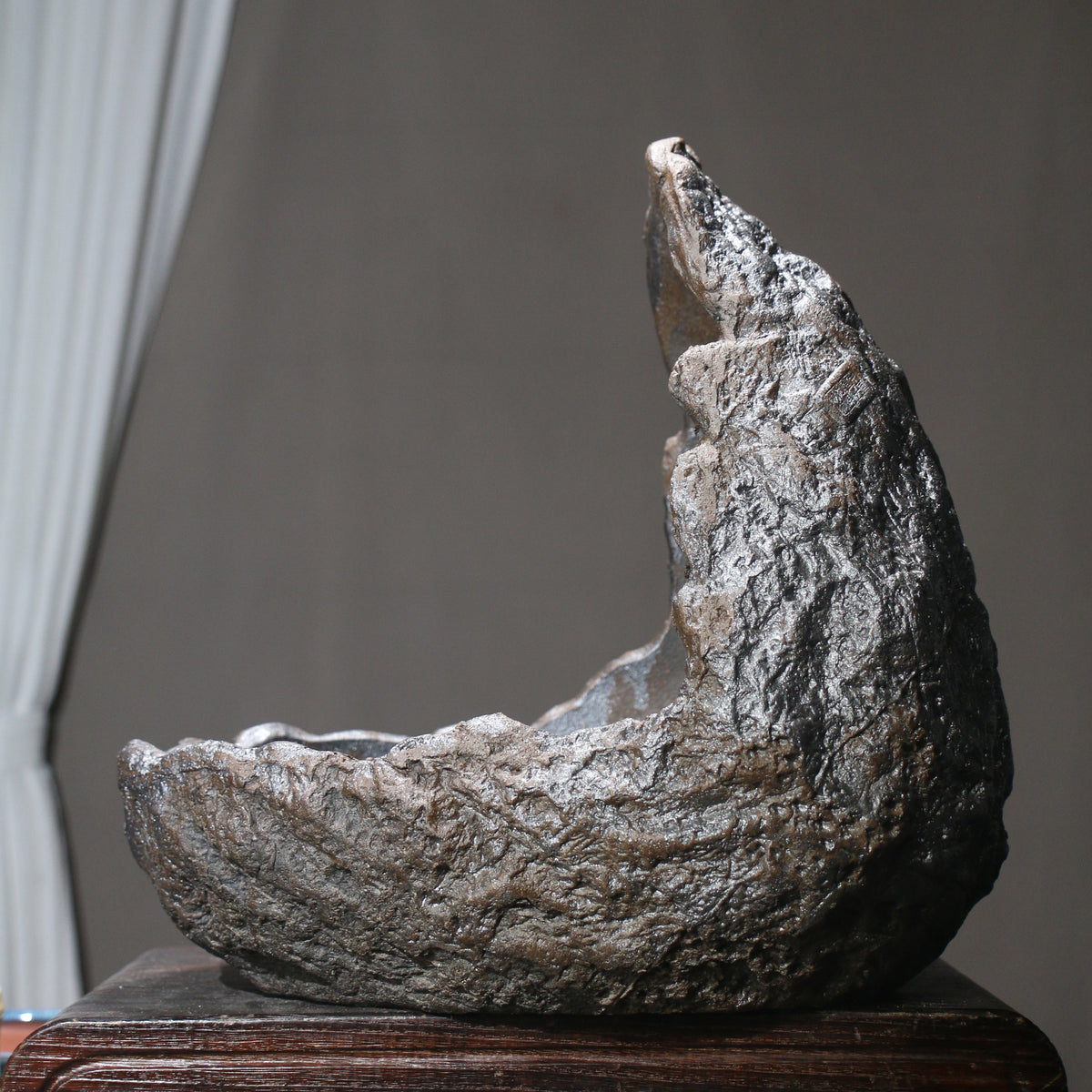 15.7" (40cm) Large Handcrafted Rugged Rock-Like Crescent Bonsai Pot Opposite Side View
