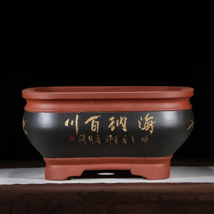 15.7" (40cm) Large Square Handmade Bonsai Pots w Chinese Calligraphy Black Color