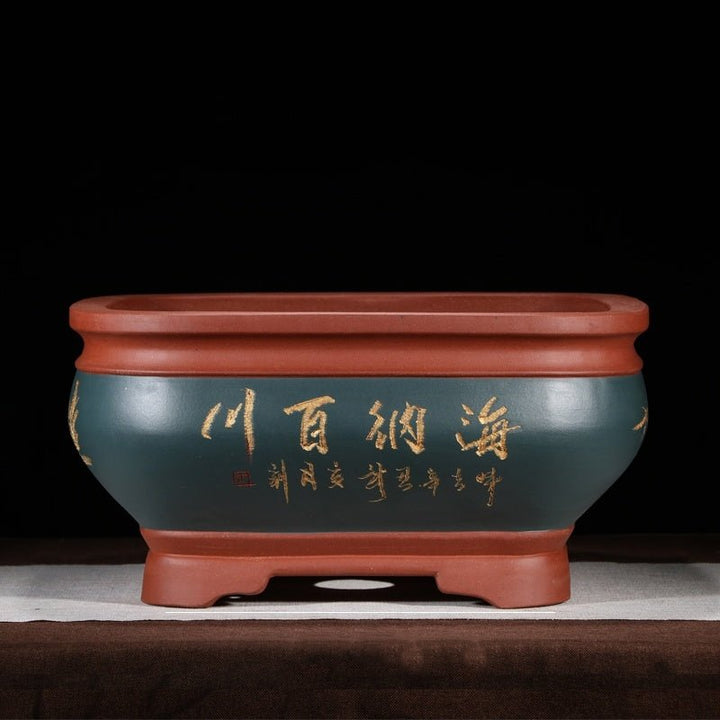 15.7" (40cm) Large Square Handmade Bonsai Pots w Chinese Calligraphy Blue Color