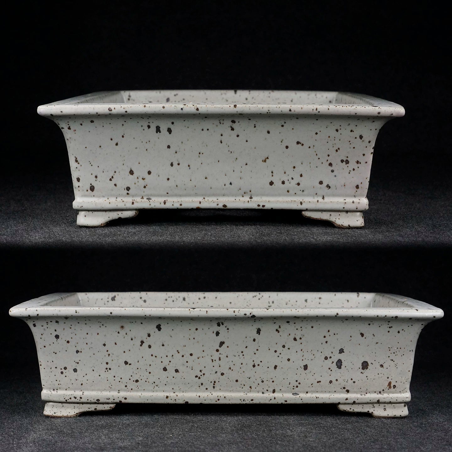 15.7 inch (39.9cm) Large Rectangular Dazhenghe Kiln Glaze White Bonsai Pot with Dark Speckling Side View