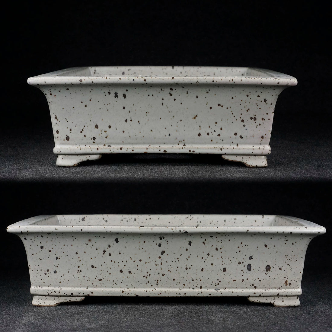 15.7 inch (39.9cm) Large Rectangular Dazhenghe Kiln Glaze White Bonsai Pot with Dark Speckling Side View