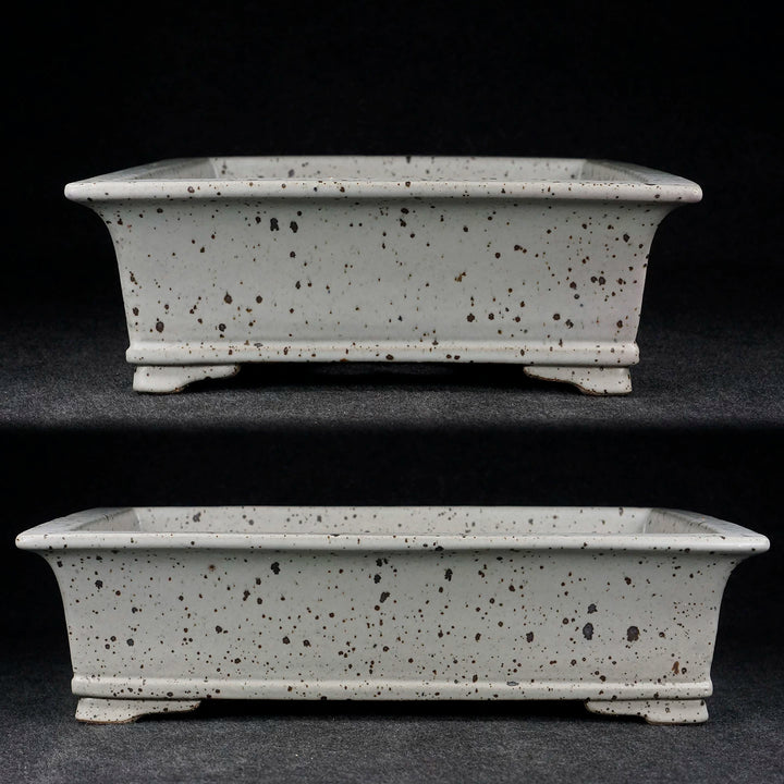 15.7 inch (39.9cm) Large Rectangular Dazhenghe Kiln Glaze White Bonsai Pot with Dark Speckling Side View