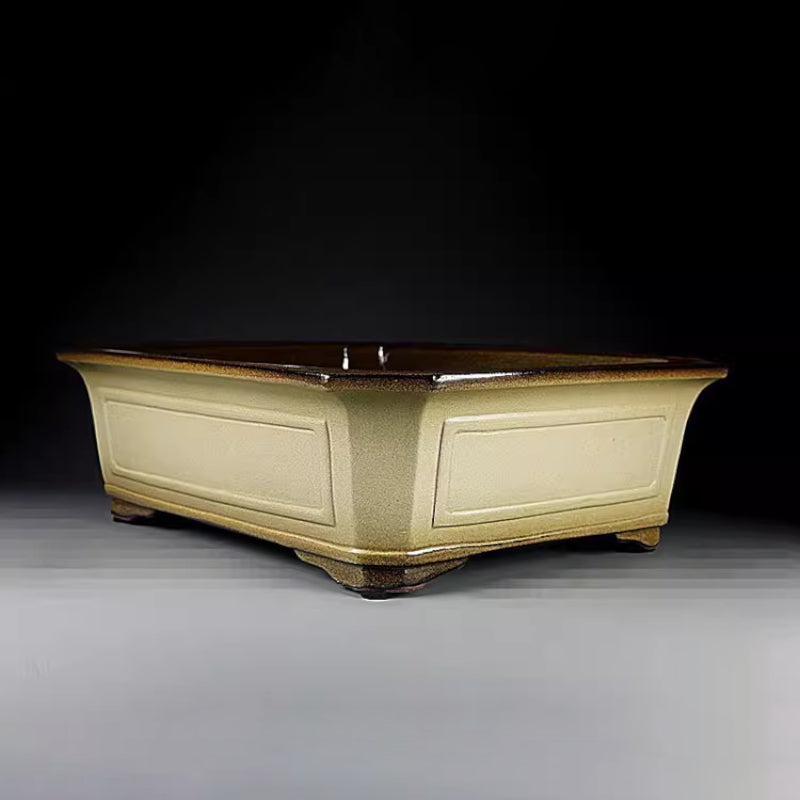 15.7 inch (40cm) Large Corner-Cut Flared Rectangular Unique Yellow Glaze Bonsai Pot Corner View