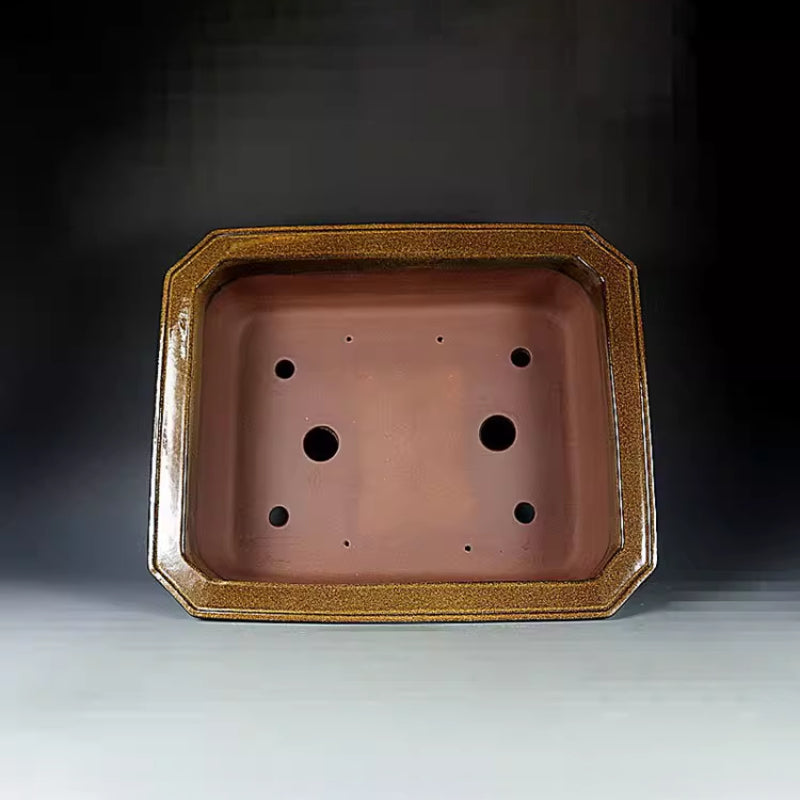 15.7 inch (40cm) Large Corner-Cut Flared Rectangular Unique Yellow Glaze Bonsai Pot Inner View