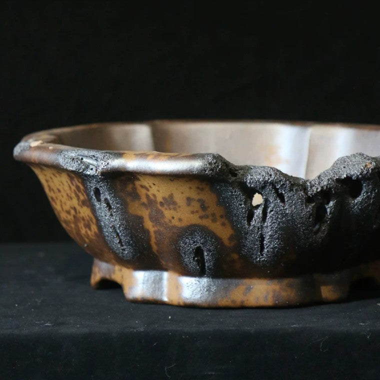 15.7 inch (40cm) Large Lotus-Shaped Broken Edge Style Wood-Fired Unique Bonsai Pot Close Shot