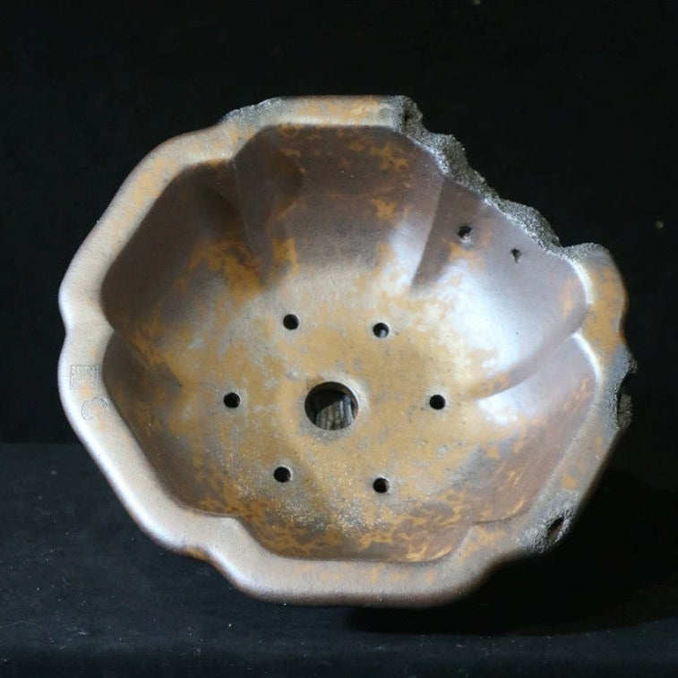 15.7 inch (40cm) Large Lotus-Shaped Broken Edge Style Wood-Fired Unique Bonsai Pot Inner View