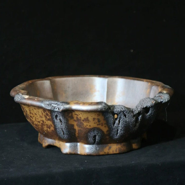 15.7 inch (40cm) Large Lotus-Shaped Broken Edge Style Wood-Fired Unique Bonsai Pot Top View
