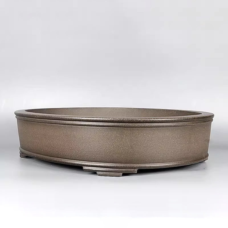 15.7 inch (40cm) Large Oval Beige Unglazed Bonsai Pot w Raised Line Rim & Feet Corner View