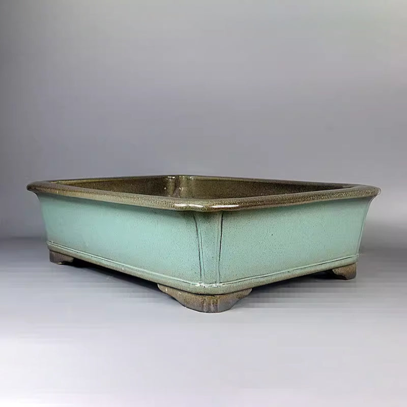 15.7 inch (40cm) Large Rectangular Green-Brown Dual-Tone Glaze Bonsai Pot Corner View