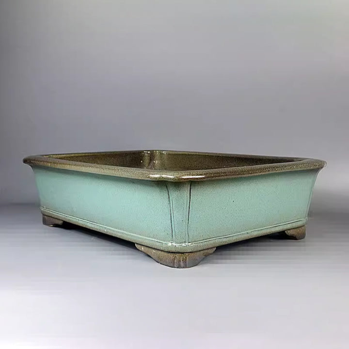 15.7 inch (40cm) Large Rectangular Green-Brown Dual-Tone Glaze Bonsai Pot Corner View
