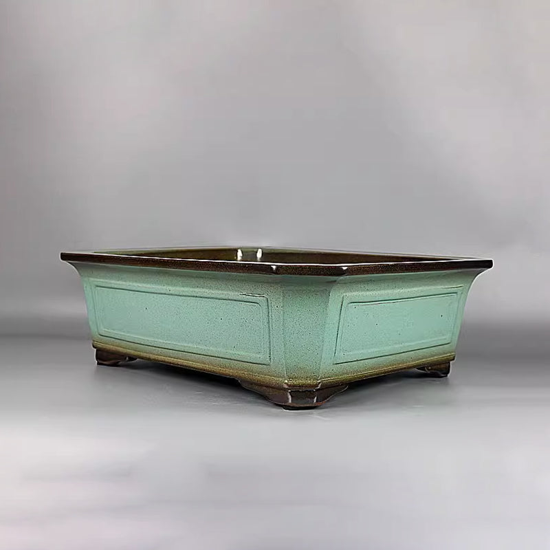 15.7 inch (40cm) Large Rectangular Green Glaze Premium Bonsai Pot w Brown Rim & Feet Corner View