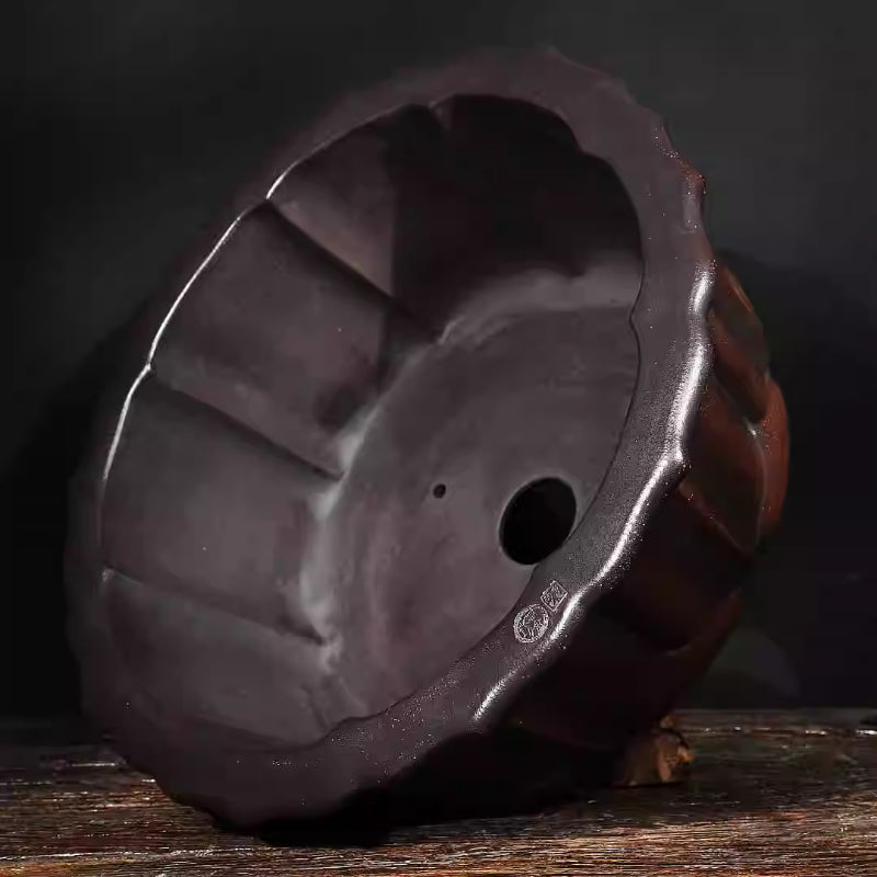 15.7 inch (40cm) Large Round Lotus Shaped Antique Style Unglazed Bonsai Pot Side Inner View