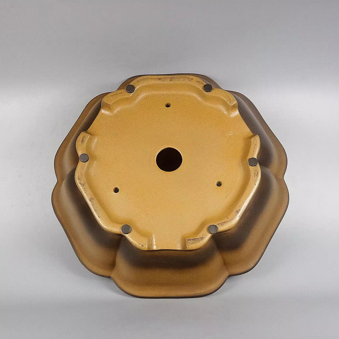 15.9 inch (40.5cm) Large Scalloped Lotus-Shaped Yellow-Brown Glazed Wood-fired Bonsai Pot Bottom View