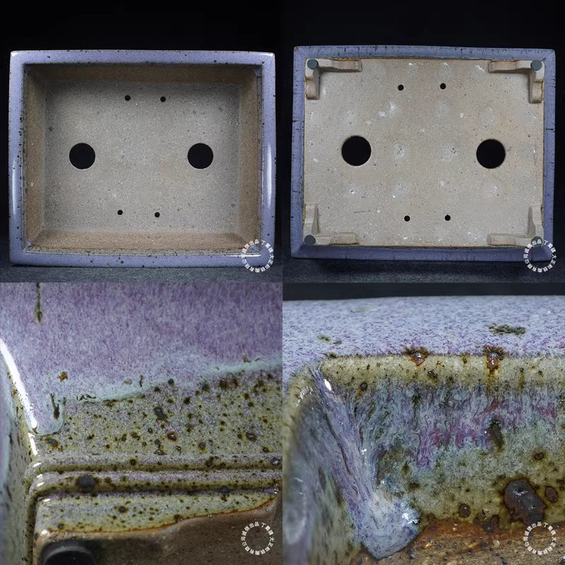 15 inch (38.2cm) Large Rectangle High-Temp Dazhenghe Glaze Unique Pink Bonsai Pot Inner & Bottom View