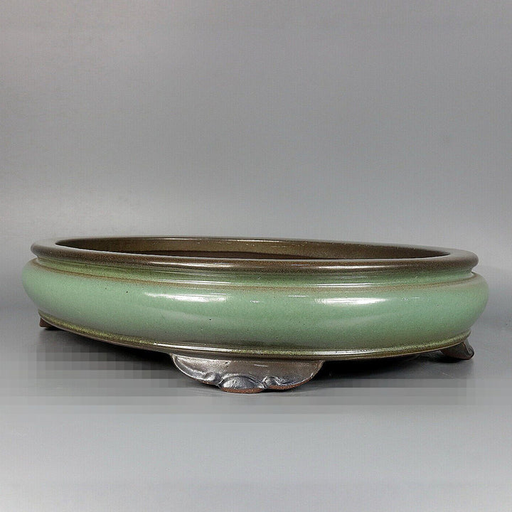 16.1 inch (41cm) Large Oval Green-Brown Dual Tone Shallow Bonsai Pot Forest Pot Corner View