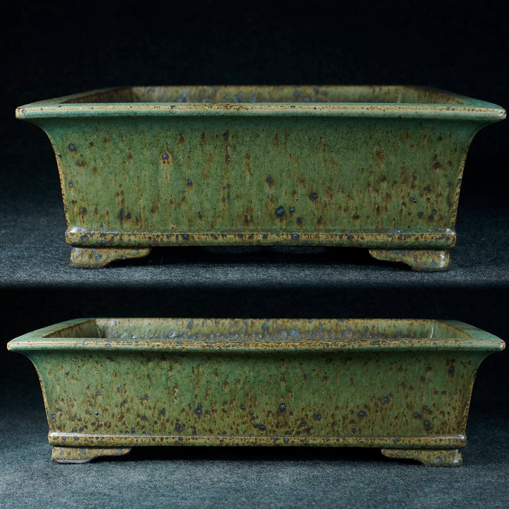 16.1 inch (41cm) Large Rectangular Dazhenghe Kiln Glaze Green Multi-Tone Bonsai Pot Side View