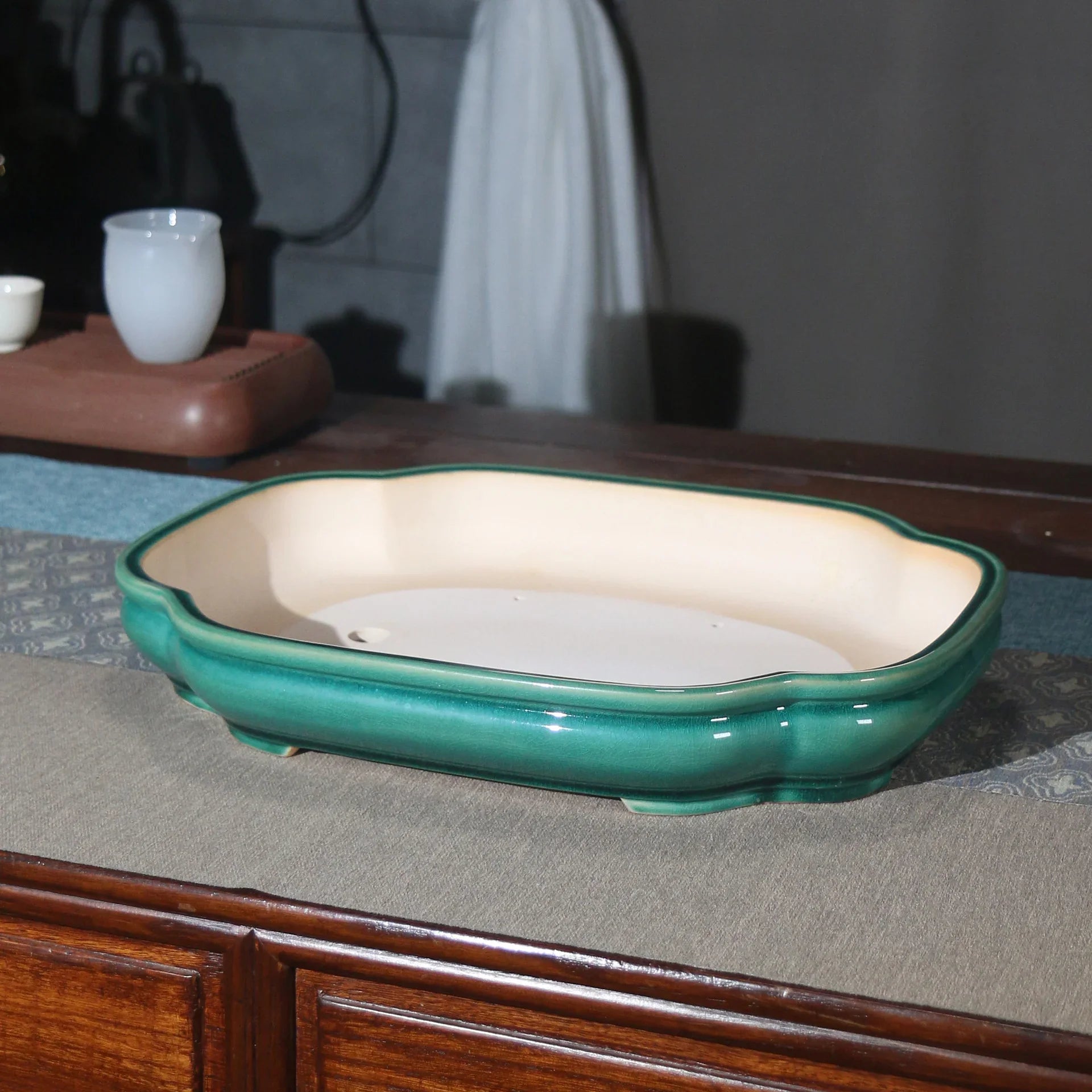 16.3 inch (41.5cm) Large Glazed Shallow Classic Forest Bonsai Pots Top View