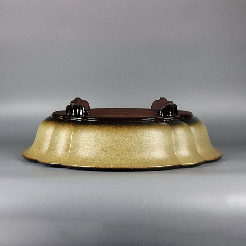 16.3 inch (41.5cm) Large Lotus Shaped Yellow-Brown Dual Tone Glaze Bonsai Pot Upside Down View