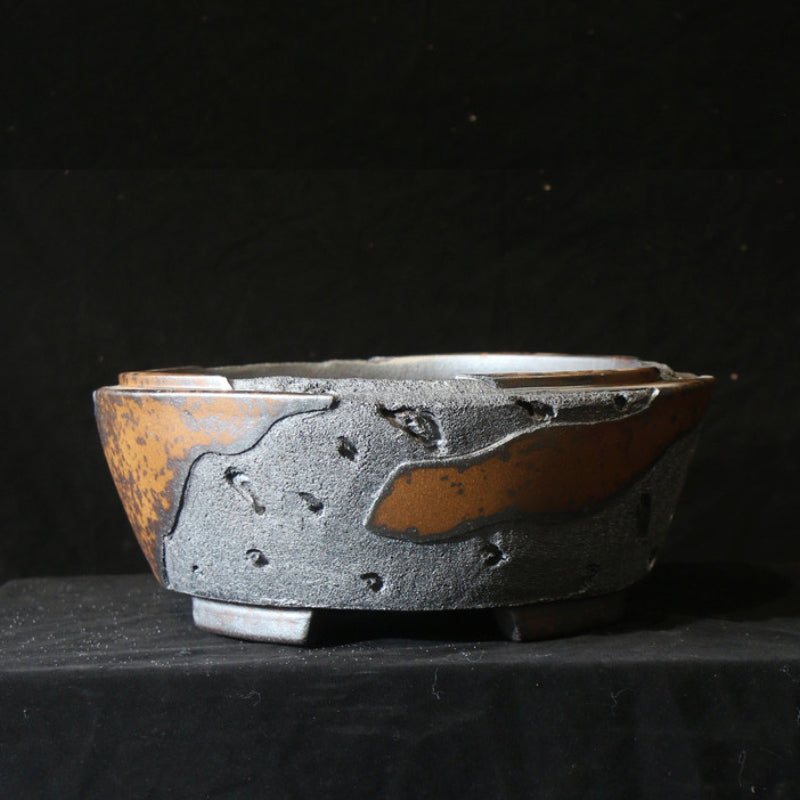 16.3 inch (41.5cm) Large Round Unglazed Eroded Stone-Like Textured Unique Bonsai Pot