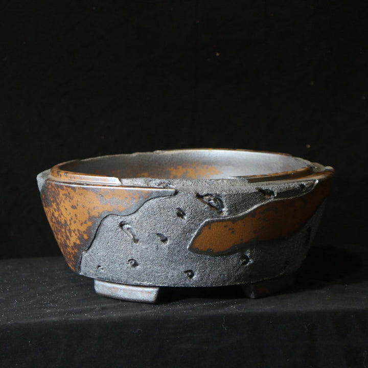 16.3 inch (41.5cm) Large Round Unglazed Eroded Stone-Like Textured Unique Bonsai Pot