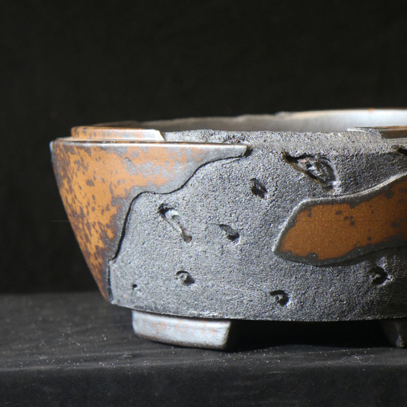16.3 inch (41.5cm) Large Round Unglazed Eroded Stone-Like Textured Unique Bonsai Pot Close Shot