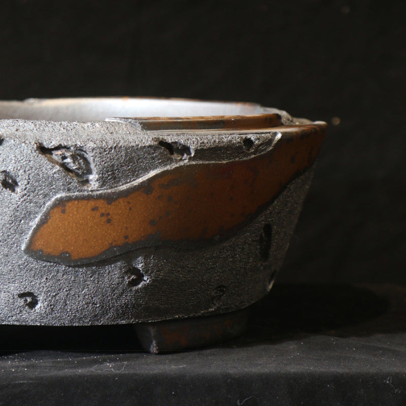 16.3 inch (41.5cm) Large Round Unglazed Eroded Stone-Like Textured Unique Bonsai Pot Close Shot
