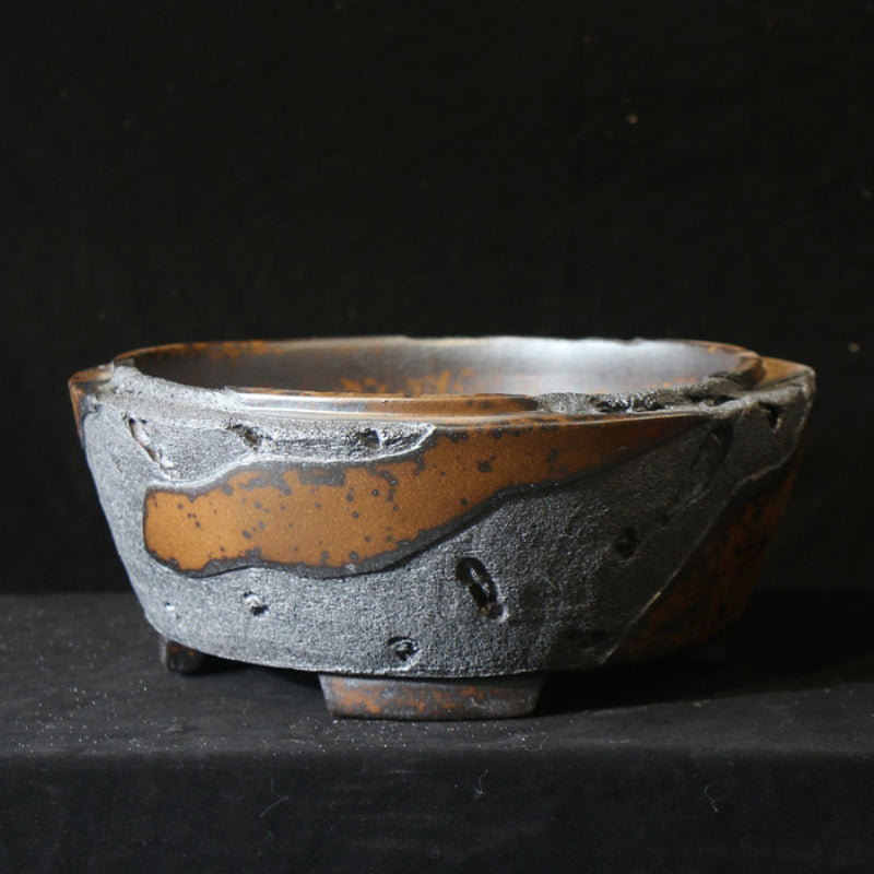 16.3 inch (41.5cm) Large Round Unglazed Eroded Stone-Like Textured Unique Bonsai Pot Side View