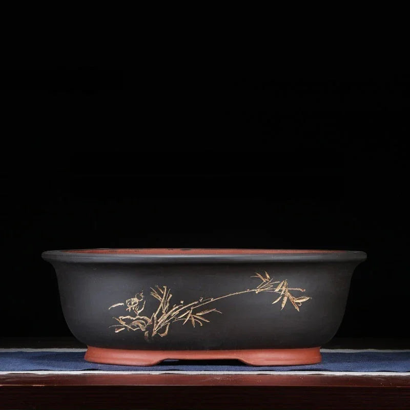 16.5" (42cm) Large Oval Classic Bonsai Pots w Chinese Calligraphy Black Color