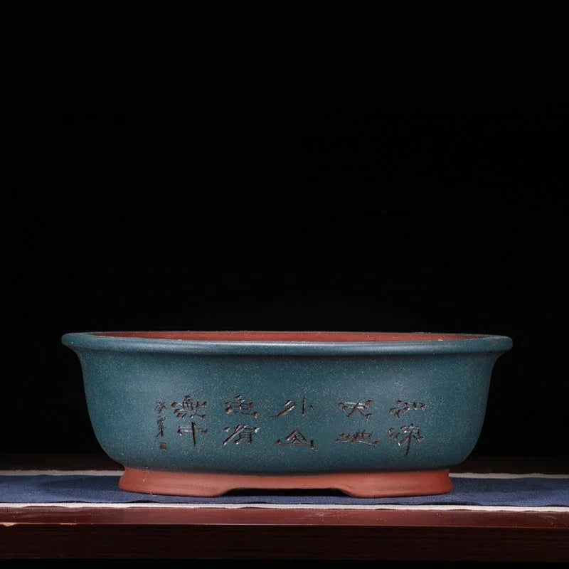 16.5" (42cm) Large Oval Classic Bonsai Pots w Chinese Calligraphy Blue Color