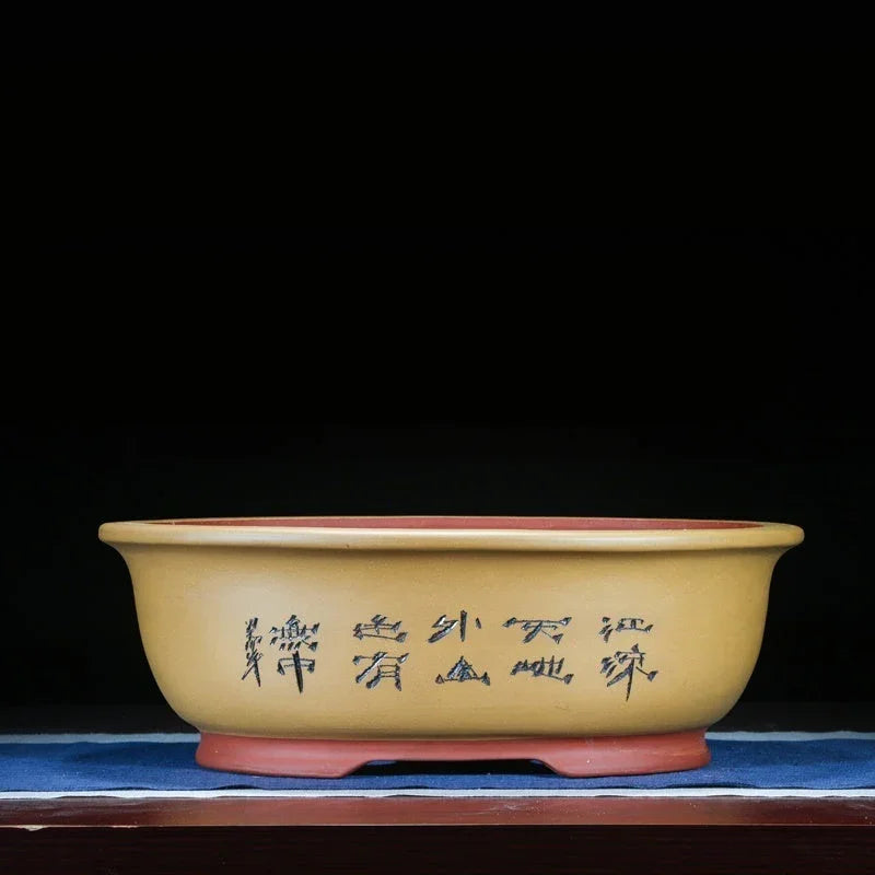16.5" (42cm) Large Oval Classic Bonsai Pots w Chinese Calligraphy Yellow Color