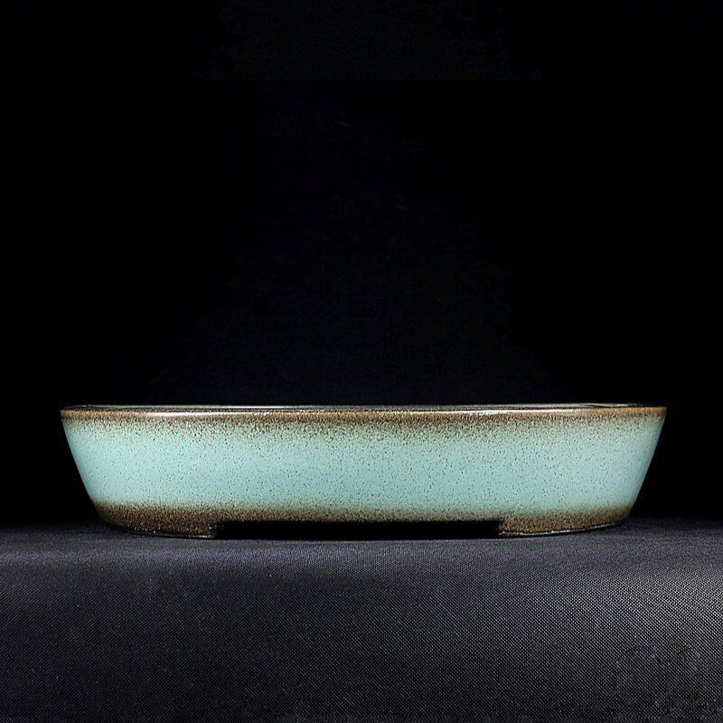 16.5 inch (42cm) Large Oval Green-Brown Dual-Tone Glazed Rimless Shallow Bonsai Pot
