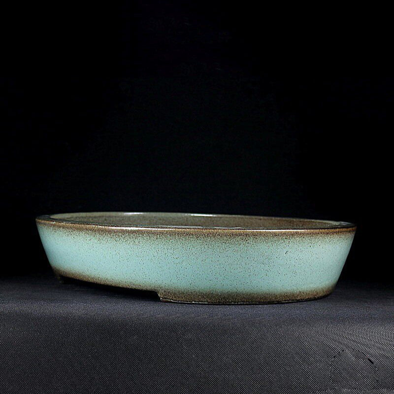 16.5 inch (42cm) Large Oval Green-Brown Dual-Tone Glazed Rimless Shallow Bonsai Pot Corner View