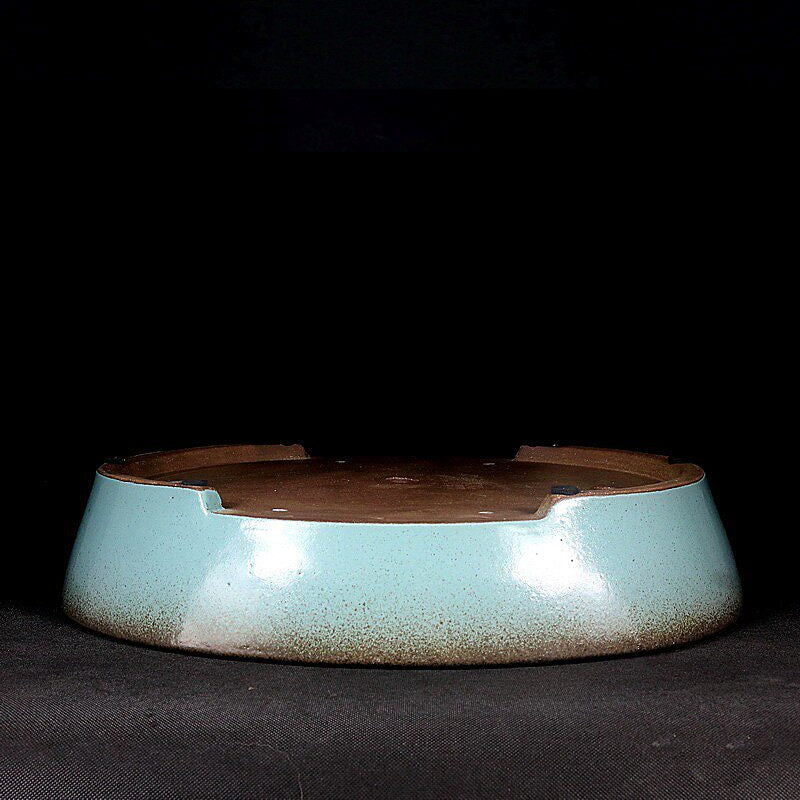16.5 inch (42cm) Large Oval Green-Brown Dual-Tone Glazed Rimless Shallow Bonsai Pot Upside Down View
